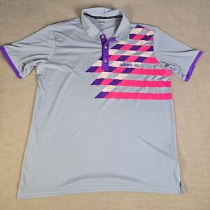 Adidas Golf Polo Shirt Men L Gray Purple Pink Geometric Short Sleeve Performance